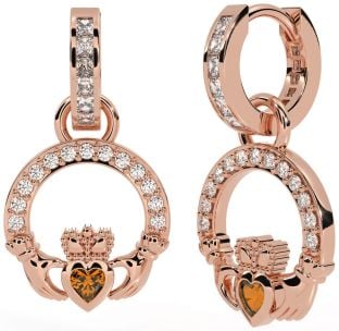 Diamond Citrine Rose Gold Claddagh Dangle Earrings
