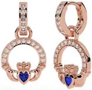Diamond Sapphire Rose Gold Claddagh Dangle Earrings