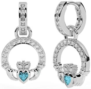 Diamond Aquamarine Silver Claddagh Dangle Earrings