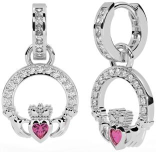Diamond Pink Tourmaline Silver Claddagh Dangle Earrings