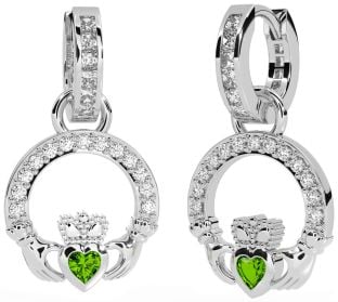 Diamond Peridot Silver Claddagh Dangle Earrings
