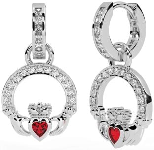 Diamond Ruby Silver Claddagh Dangle Earrings
