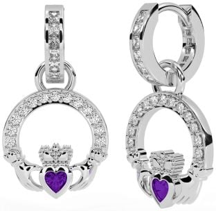 Diamond Amethyst White Gold Claddagh Dangle Earrings