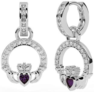 Diamond Alexandrite White Gold Claddagh Dangle Earrings