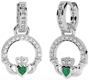 Diamond Emerald White Gold Claddagh Dangle Earrings