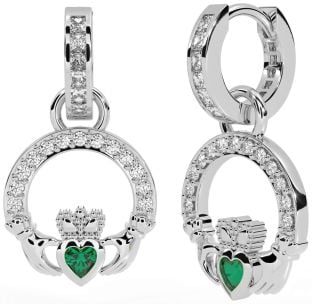 Diamond Emerald White Gold Claddagh Dangle Earrings
