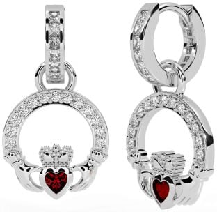 Diamond Garnet White Gold Claddagh Dangle Earrings