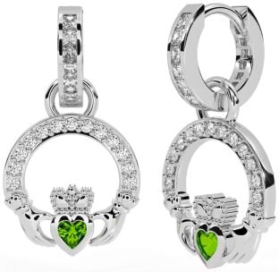 Diamond Peridot White Gold Claddagh Dangle Earrings