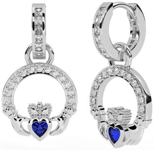 Diamond Sapphire White Gold Claddagh Dangle Earrings