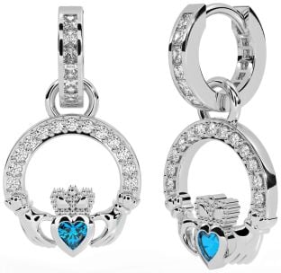 Diamond Topaz White Gold Claddagh Dangle Earrings