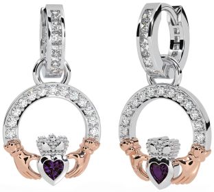 Diamond Alexandrite White Rose Gold Claddagh Dangle Earrings