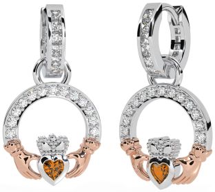 Diamond Citrine White Rose Gold Claddagh Dangle Earrings