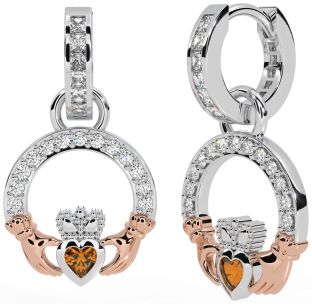 Diamond Citrine White Rose Gold Claddagh Dangle Earrings