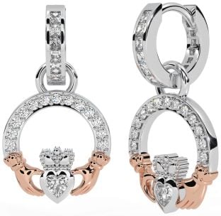 Diamond White Rose Gold Claddagh Dangle Earrings
