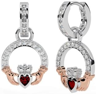 Diamante Granato Bianco Rosa Oro Claddagh Penzolare Orecchini