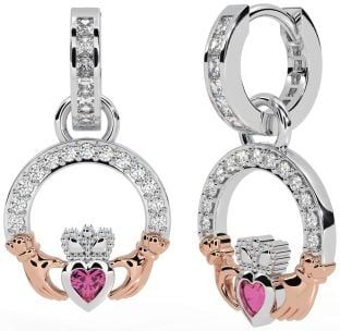 Diamond Pink Tourmaline White Rose Gold Claddagh Dangle Earrings