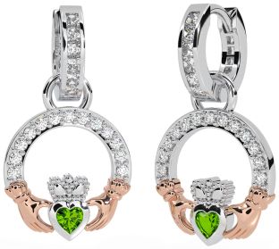 Diamond Peridot White Rose Gold Claddagh Dangle Earrings
