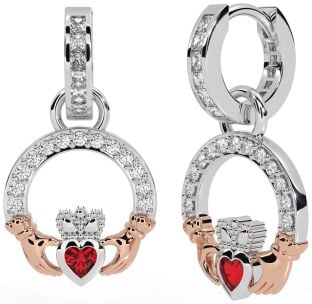 Diamond Ruby White Rose Gold Claddagh Dangle Earrings