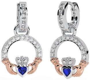 Diamond Sapphire White Rose Gold Claddagh Dangle Earrings