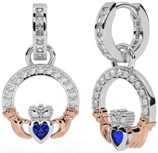 Diamond Sapphire White Rose Gold Claddagh Dangle Earrings
