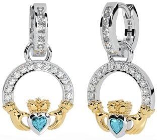 Diamond Aquamarine White Yellow Gold Claddagh Dangle Earrings