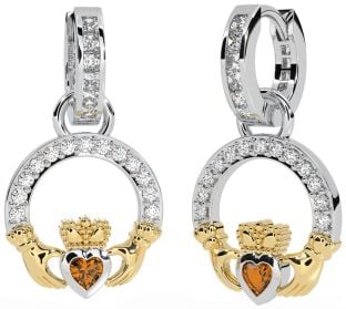 Diamond Citrine White Yellow Gold Claddagh Dangle Earrings