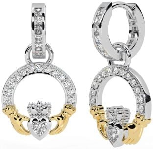 Diamond White Yellow Gold Claddagh Dangle Earrings