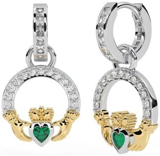 Diamond Emerald White Yellow Gold Claddagh Dangle Earrings
