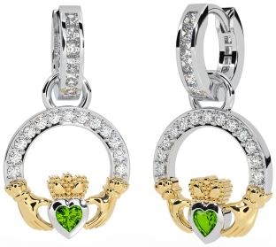 Diamond Peridot White Yellow Gold Claddagh Dangle Earrings