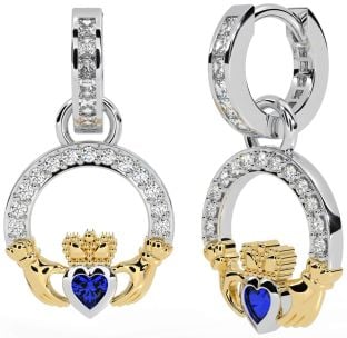 Diamond Sapphire White Yellow Gold Claddagh Dangle Earrings
