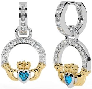 Diamond Topaz White Yellow Gold Claddagh Dangle Earrings