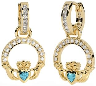 Diamond Aquamarine Gold Claddagh Dangle Earrings