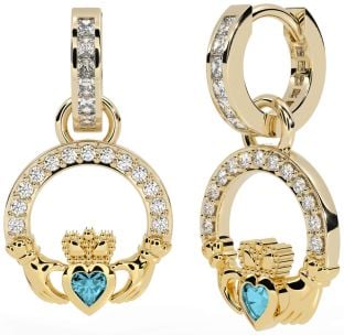 Diamond Aquamarine Gold Claddagh Dangle Earrings