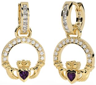 Diamond Alexandrite Gold Claddagh Dangle Earrings