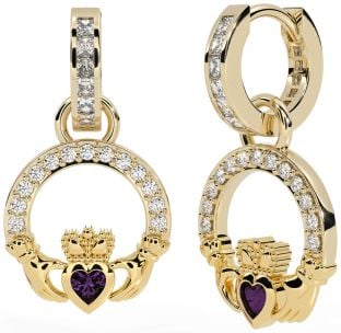 Diamond Alexandrite Gold Claddagh Dangle Earrings