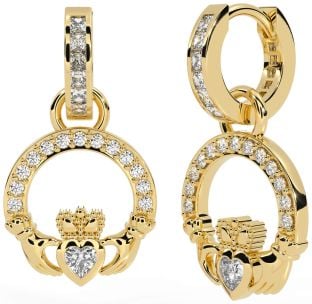 Diamond Gold Claddagh Dangle Earrings