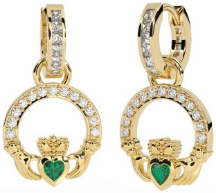 Diamond Emerald Gold Claddagh Dangle Earrings