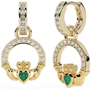 Diamond Emerald Gold Claddagh Dangle Earrings