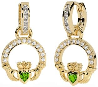 Diamond Peridot Gold Claddagh Dangle Earrings