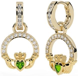 Diamond Peridot Gold Claddagh Dangle Earrings