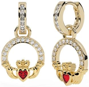 Diamond Ruby Gold Claddagh Dangle Earrings