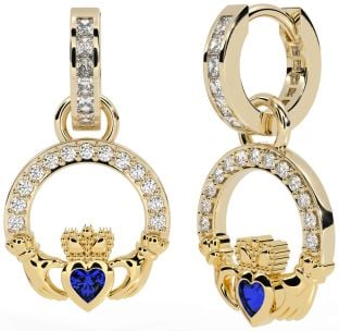 Diamond Sapphire Gold Claddagh Dangle Earrings