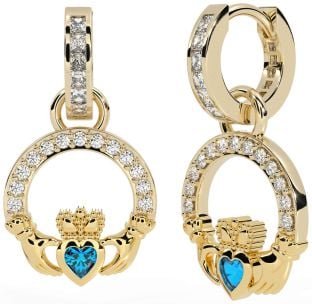 Diamond Topaz Gold Claddagh Dangle Earrings