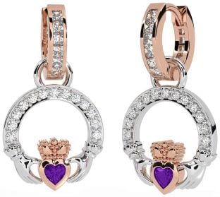 Diamond Amethyst Rose Gold Silver Claddagh Dangle Earrings