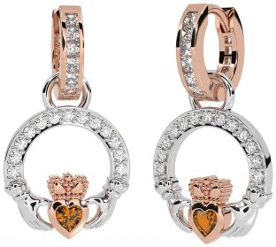 Diamond Citrine Rose Gold Silver Claddagh Dangle Earrings
