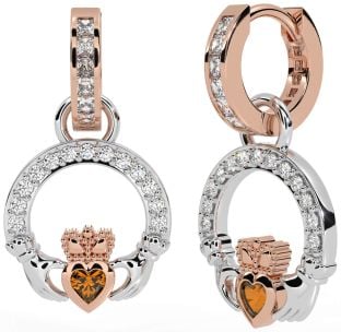 Diamond Citrine Rose Gold Silver Claddagh Dangle Earrings