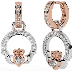 Diamond Rose Gold Silver Claddagh Dangle Earrings
