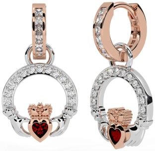 Diamond Garnet Rose Gold Silver Claddagh Dangle Earrings