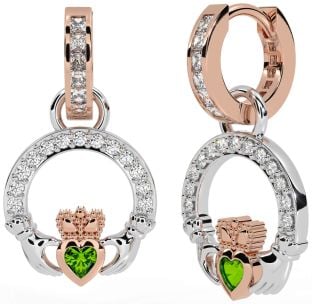 Diamond Peridot Rose Gold Silver Claddagh Dangle Earrings