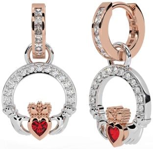 Diamond Ruby Rose Gold Silver Claddagh Dangle Earrings